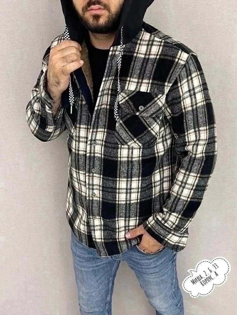 рубашка на меху зимняя в клетку,рубашка мужская на меху,рубашка с капюшоном,рубашка с мехом,куртка для мужчин на флисе в клетку