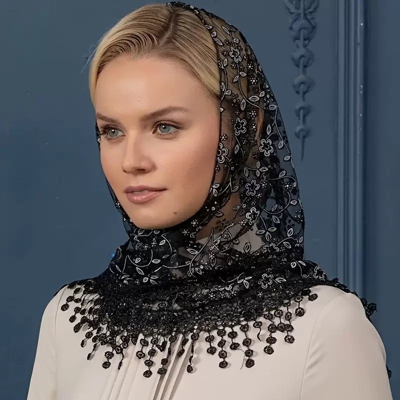 женский треугольный шарф для церковной молитвенной шаль,прозрачный шарф,прозрачный платок,косынка для венчания,кружевной платок