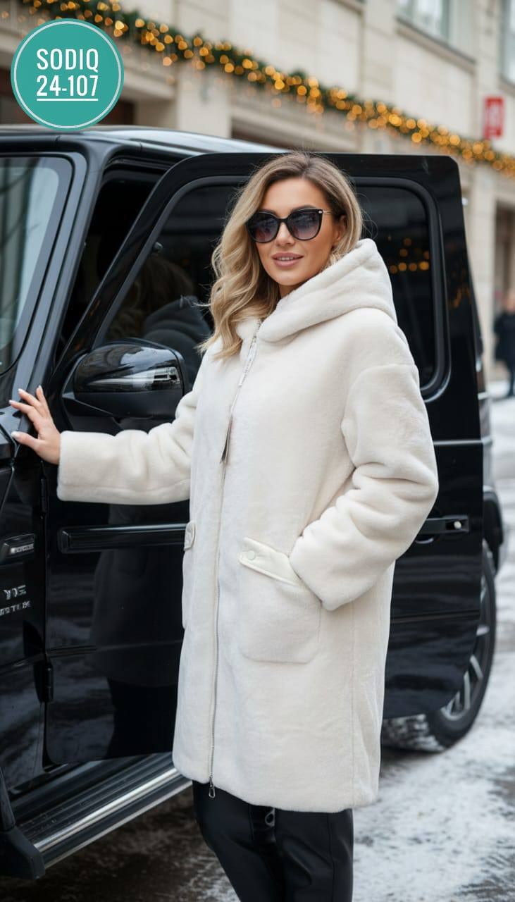 дубленка зимняя двухсторонняя с капюшоном длинная elmara 266018348,шуба пальто,женская шуба,бежевая шуба чебурашка,женская дубленка