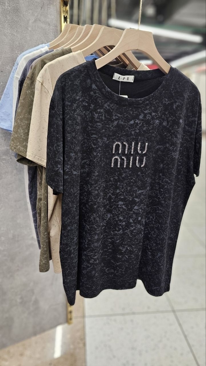 хлопковая футболка оверсайз с эффектом варенки miu,футболки женская,футболки модные,женская кофта,футболка хлопок