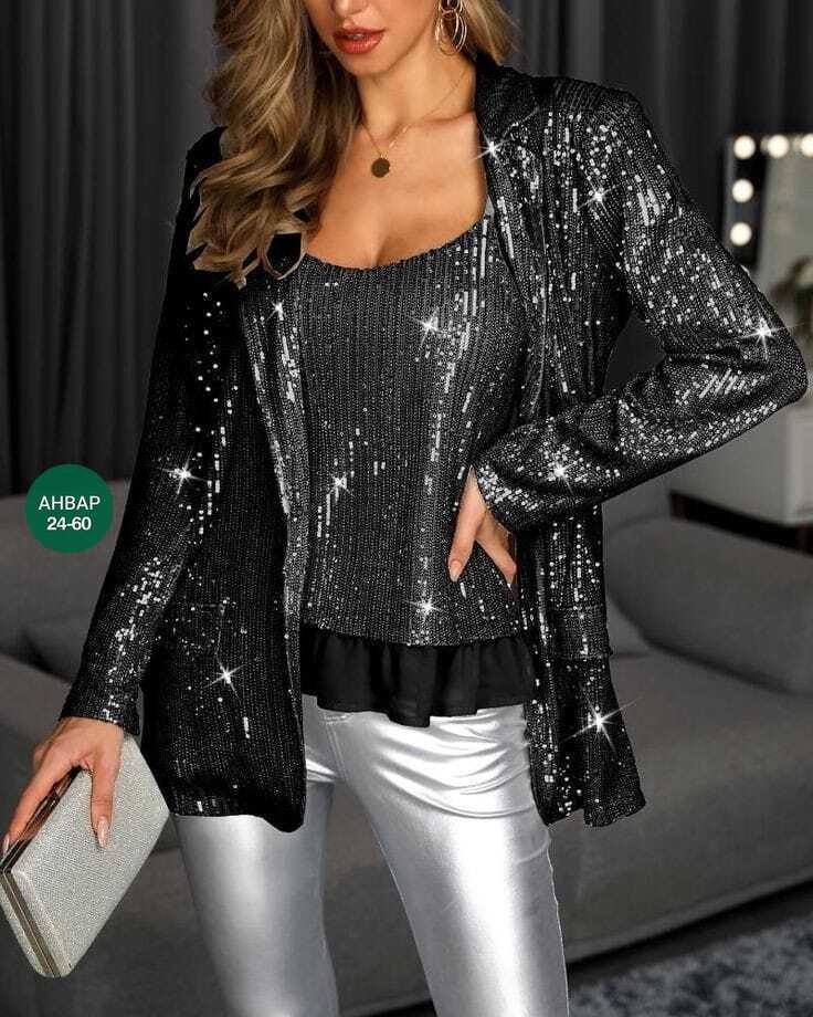 женский костюм двойка с пайетками,блестящий кардиган,женский топ с блестками и пиджак с длинным рукавом блестящий комплект из двух предметов,женский топ с блестками и блейзер длинным рукавом блестящий