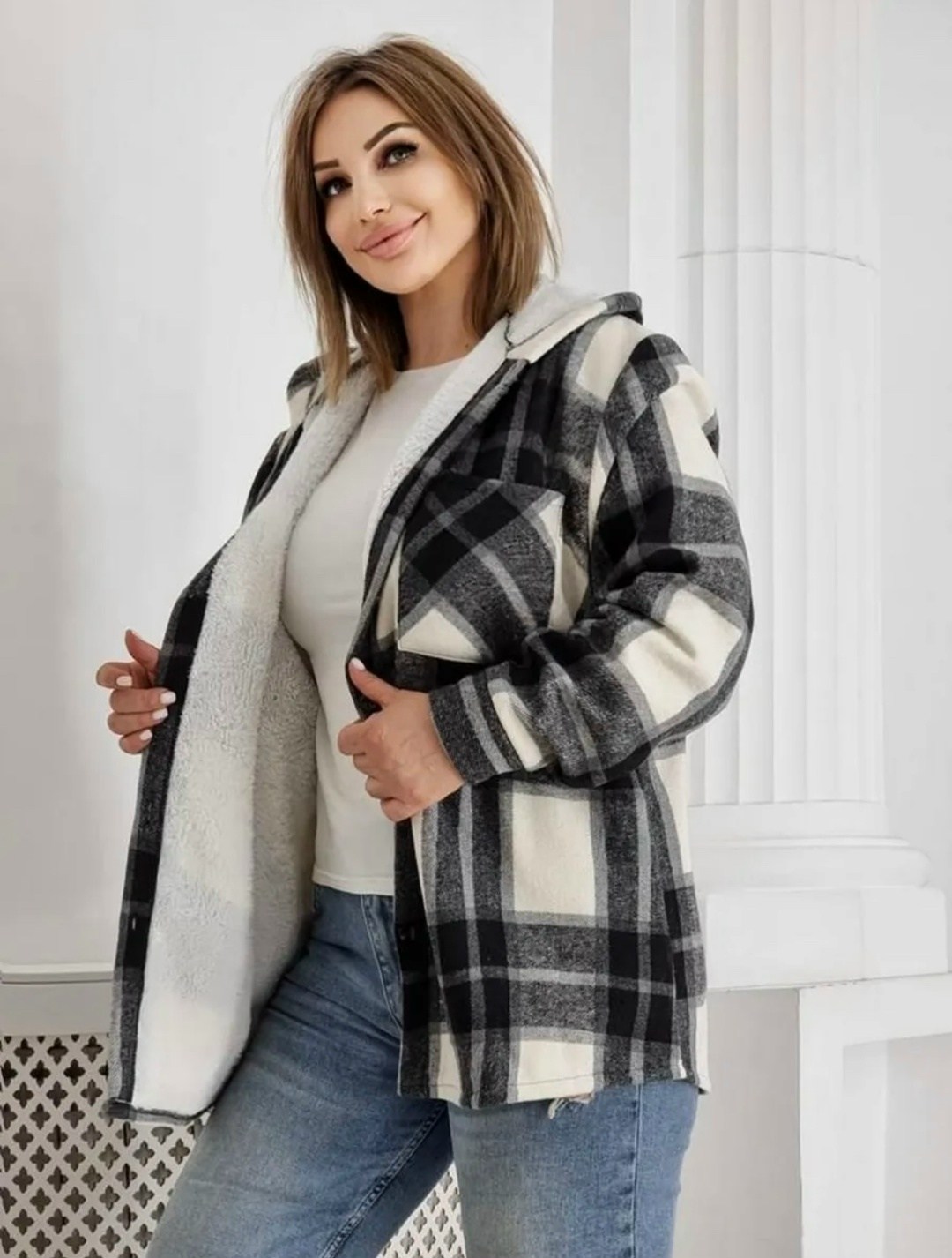 рубашка теплая на меху,рубашка теплая,рубашка утепленная,рубашка оверсайз теплая в клетку удлиненная,худи оверсайз теплая в клетку удлиненная roza fashion