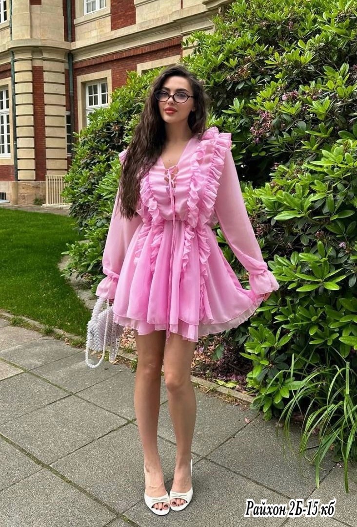платье шифоновое с рюшами,платье,розовое платье,модное платье,платье с рюшами