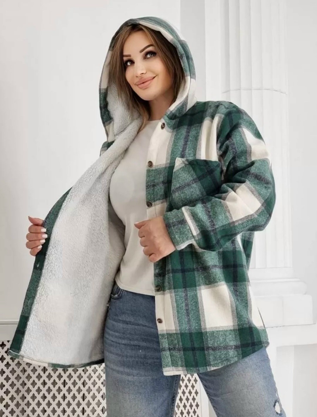 рубашка теплая на меху,рубашка теплая,рубашка утепленная,рубашка оверсайз теплая в клетку удлиненная,худи оверсайз теплая в клетку удлиненная roza fashion