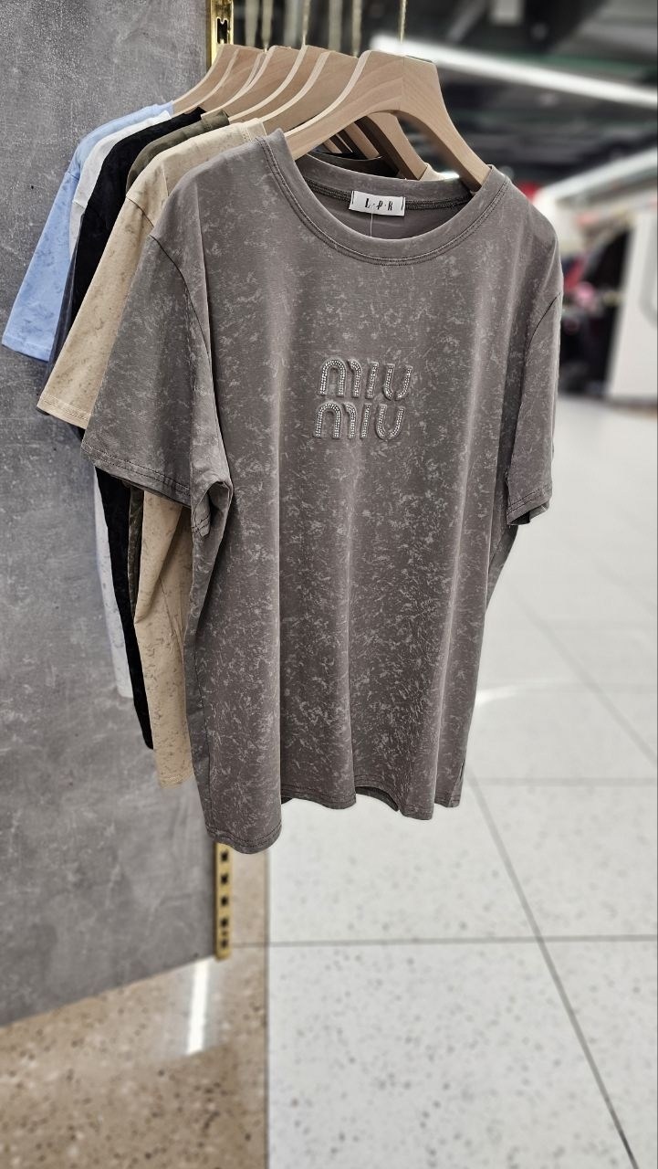 хлопковая футболка оверсайз с эффектом варенки miu,футболки женская,футболки модные,женская кофта,футболка хлопок