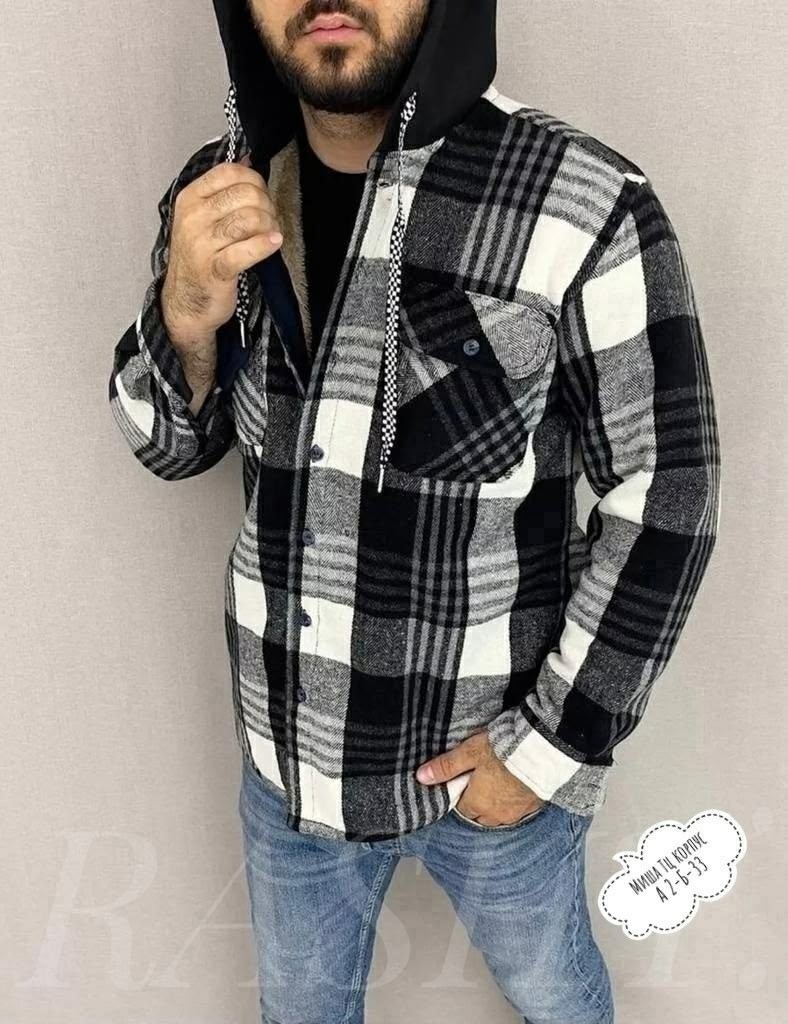 рубашка на меху зимняя в клетку,рубашка мужская на меху,рубашка с капюшоном,рубашка с мехом,куртка для мужчин на флисе в клетку