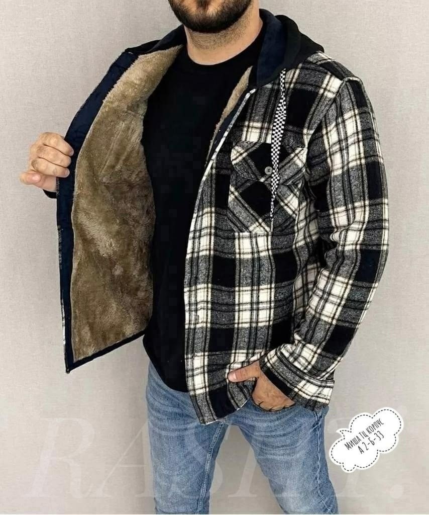 рубашка на меху зимняя в клетку,рубашка мужская на меху,рубашка с капюшоном,рубашка с мехом,куртка для мужчин на флисе в клетку
