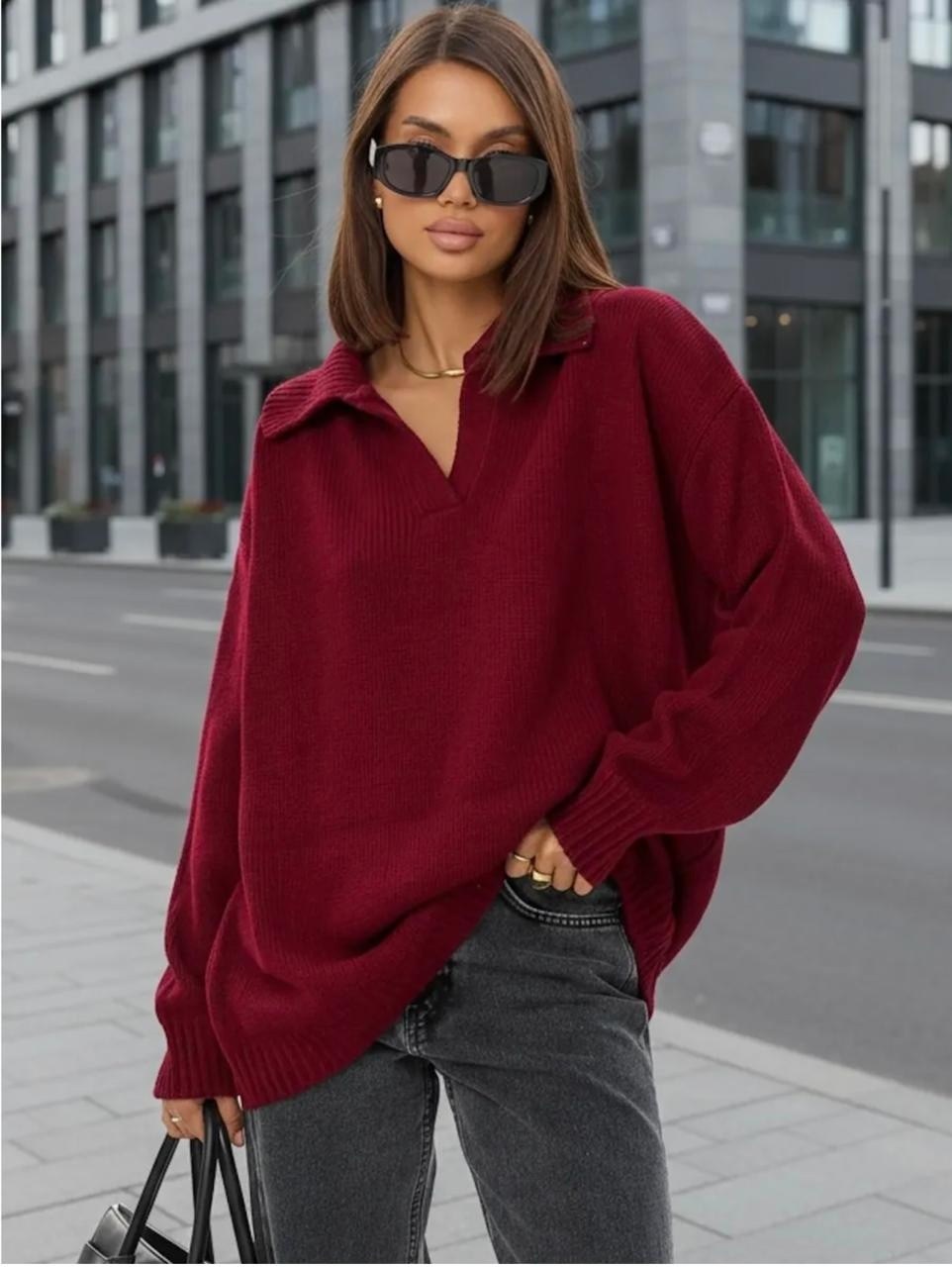 cвитер оверсайз вязаный,свитер оверсайз вязаный с поло воротником smile&shine,свитер укороченная,свитер удлиненный оверсайз,свитер оверсайз вязаный с поло воротником smile&shine цвет коричневый