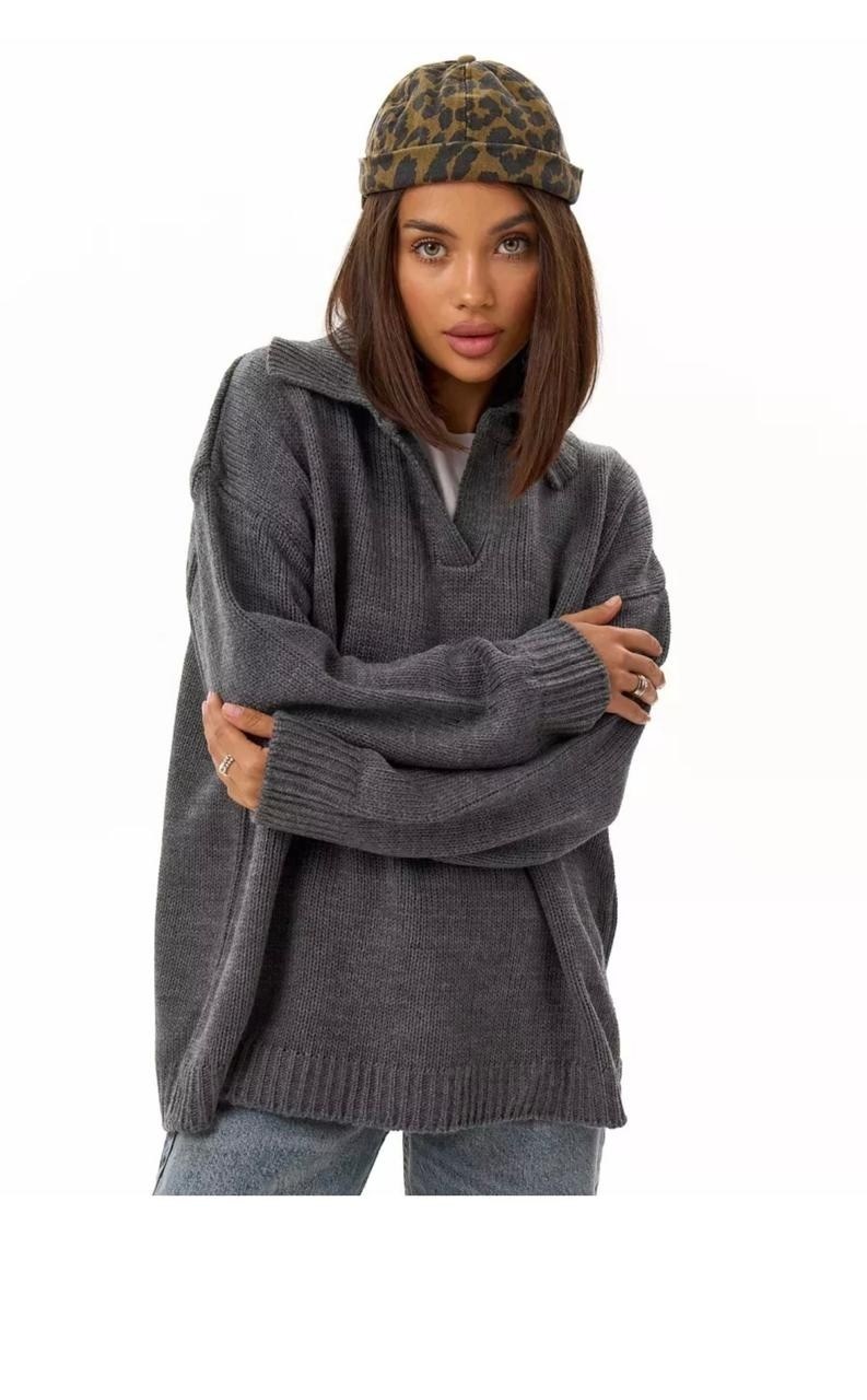 cвитер оверсайз вязаный,свитер оверсайз вязаный с поло воротником smile&shine,свитер укороченная,свитер удлиненный оверсайз,свитер оверсайз вязаный с поло воротником smile&shine цвет коричневый