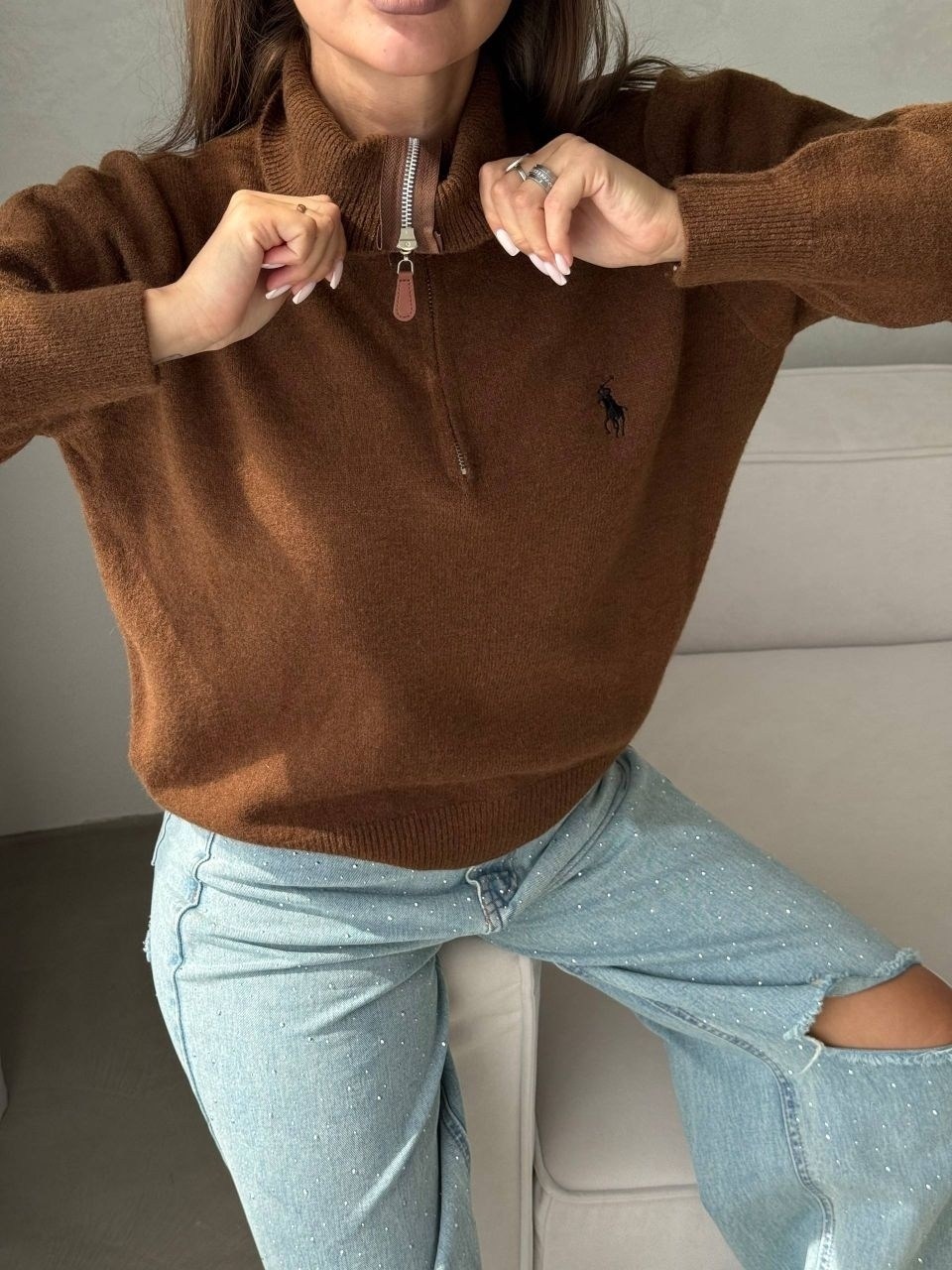 кофта кашемир,свитер polo ralph lauren oversize с молнией корич. 46/m 409424235,женская кофта,ralph lauren кашемировый свитер,свитер кашемир