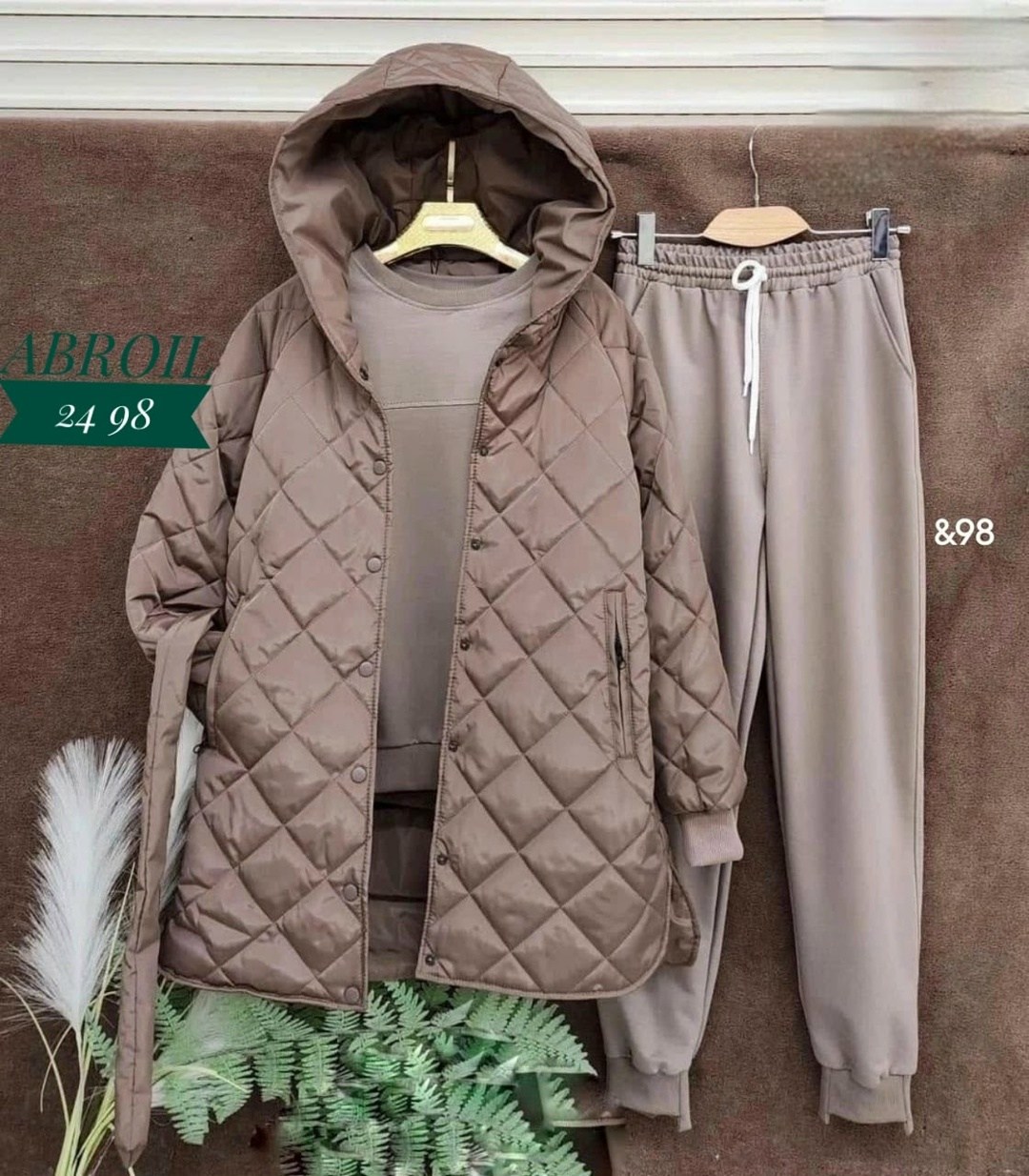 костюм спортивный тройка с длинным стеганым пальто cubi shop,костюм теплый на флисе,куртка-жатка,костюм женский на флисе,костюм спортивный тройка с длинным стеганым пальто