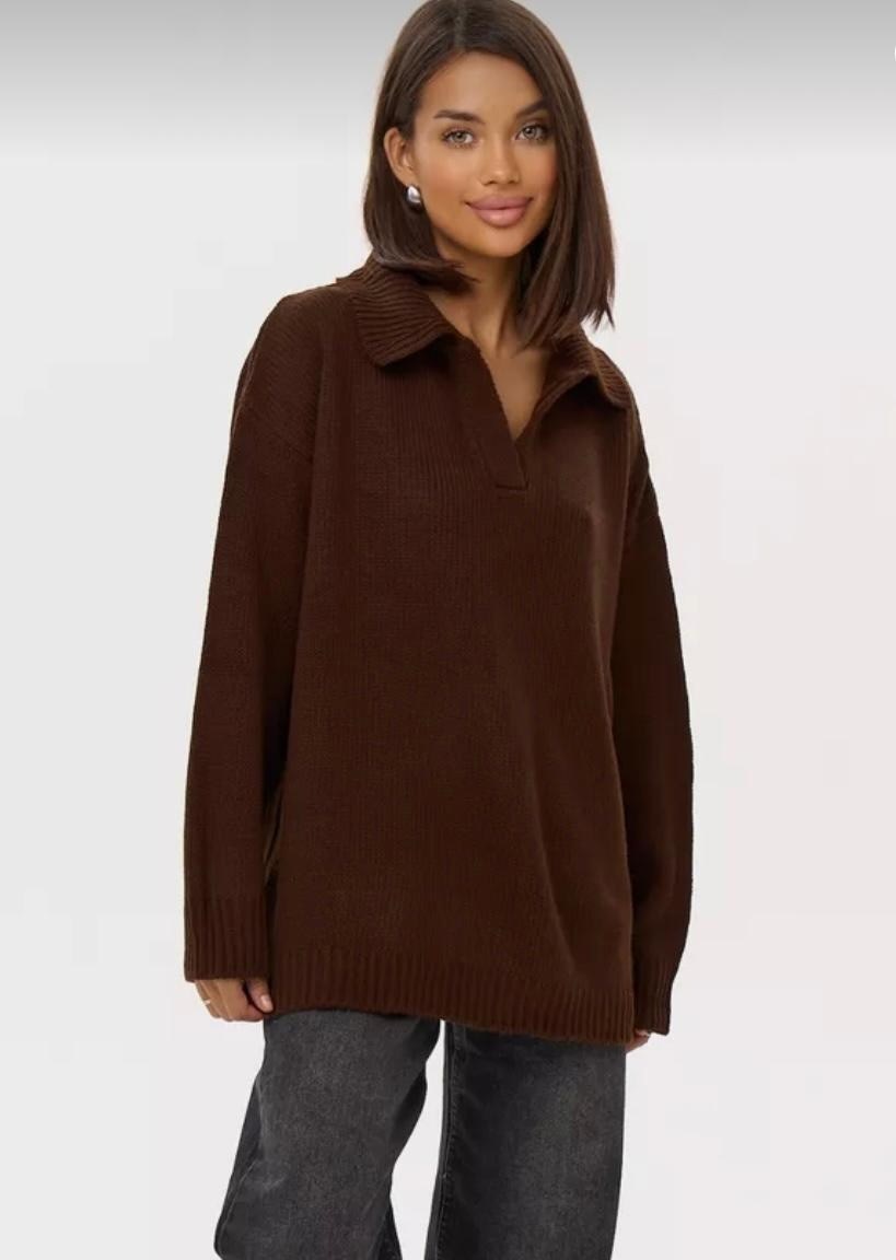 cвитер оверсайз вязаный,свитер оверсайз вязаный с поло воротником smile&shine,свитер укороченная,свитер удлиненный оверсайз,свитер оверсайз вязаный с поло воротником smile&shine цвет коричневый