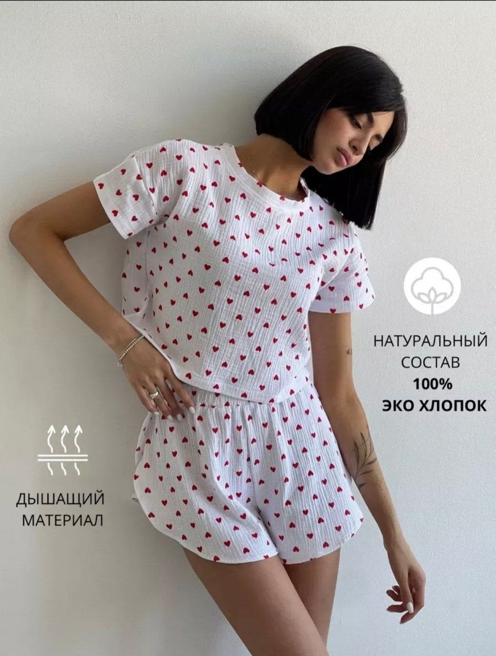 женская пижама с шортами,женская пижама,пижама с шортами и футболкой с сердечками домашняя morra,пижама с шортами,пижама