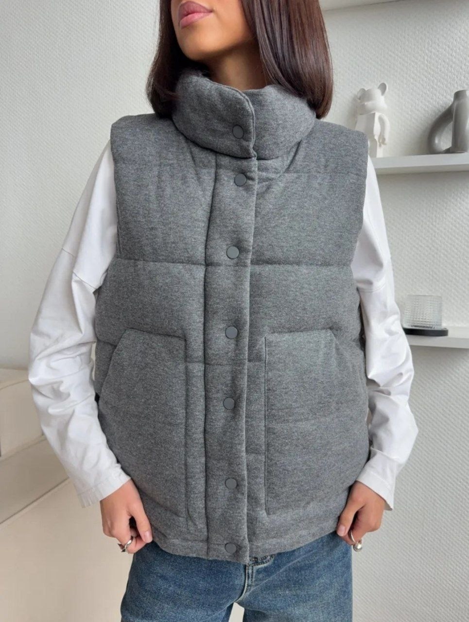 жилетка женская,жилетка утепленная оверсайз цвет серый,жилетка утепленная оверсайз безрукавка lsl цвет серый меланж,женские жилеты,жилетка утепленная осенняя оверсайз безрукавка masha belaya цвет серы