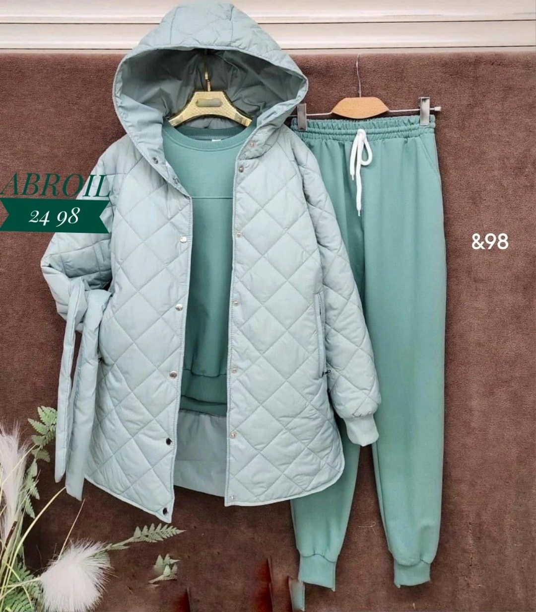 костюм спортивный тройка с длинным стеганым пальто cubi shop,костюм теплый на флисе,куртка-жатка,костюм женский на флисе,костюм спортивный тройка с длинным стеганым пальто