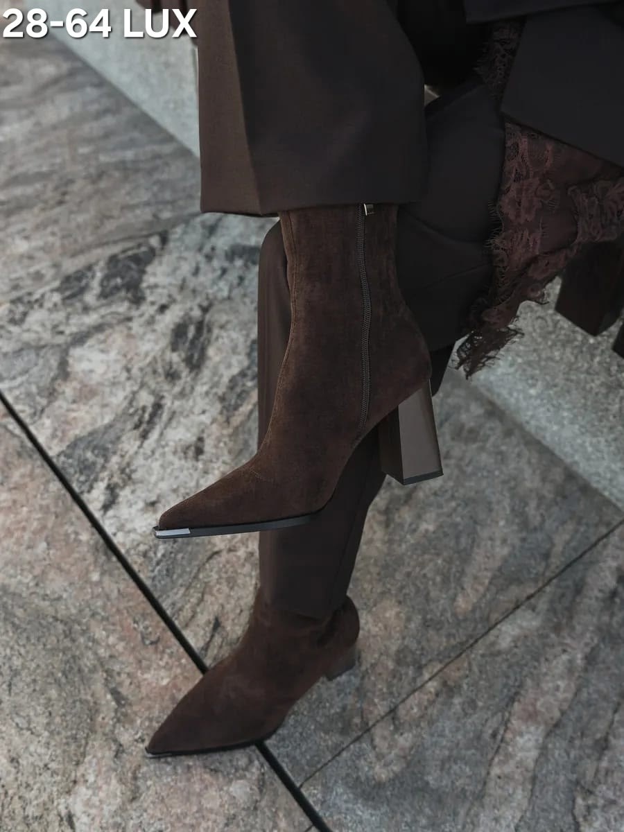 ботильоны демисезонные чулки на каблуке londri 306462715,замшевые ботильоны,женские ботильоны,ботильоны коричневые замшевые демисезонные на каблуке,женские ботильоны с острым носком