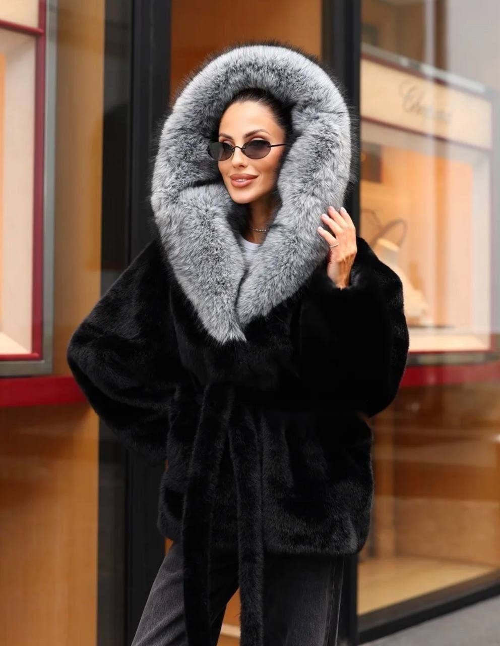 женская шуба,шуба из эко меха под норку,норковая шуба с капюшоном из чернобурки,норковая шуба с капюшоном,норковая шуба с чернобуркой