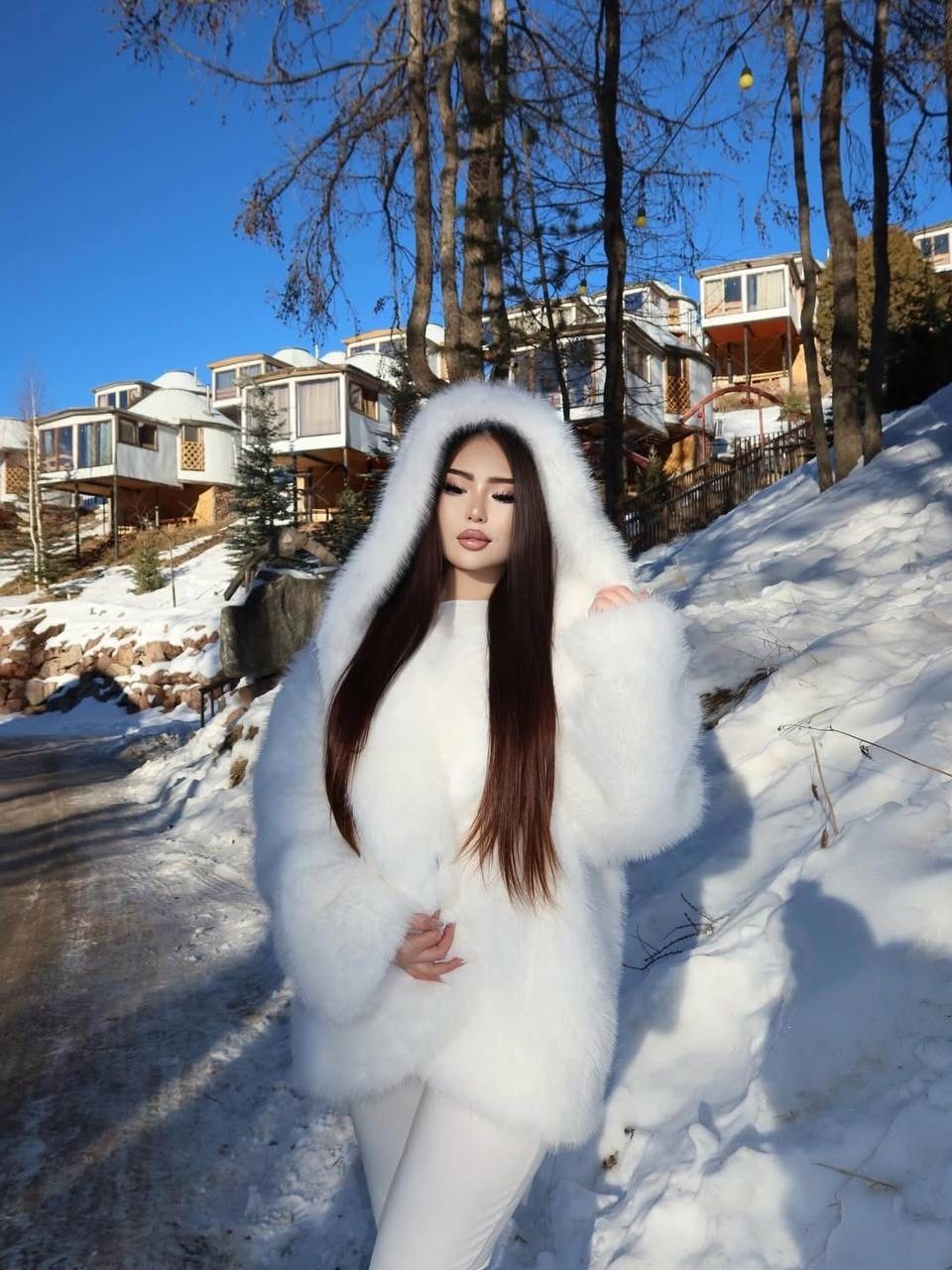 женское пальто с капюшоном из натурального лисьего меха,брюнетка зимой,fur coat,девушка брюнетка зимой,девушка