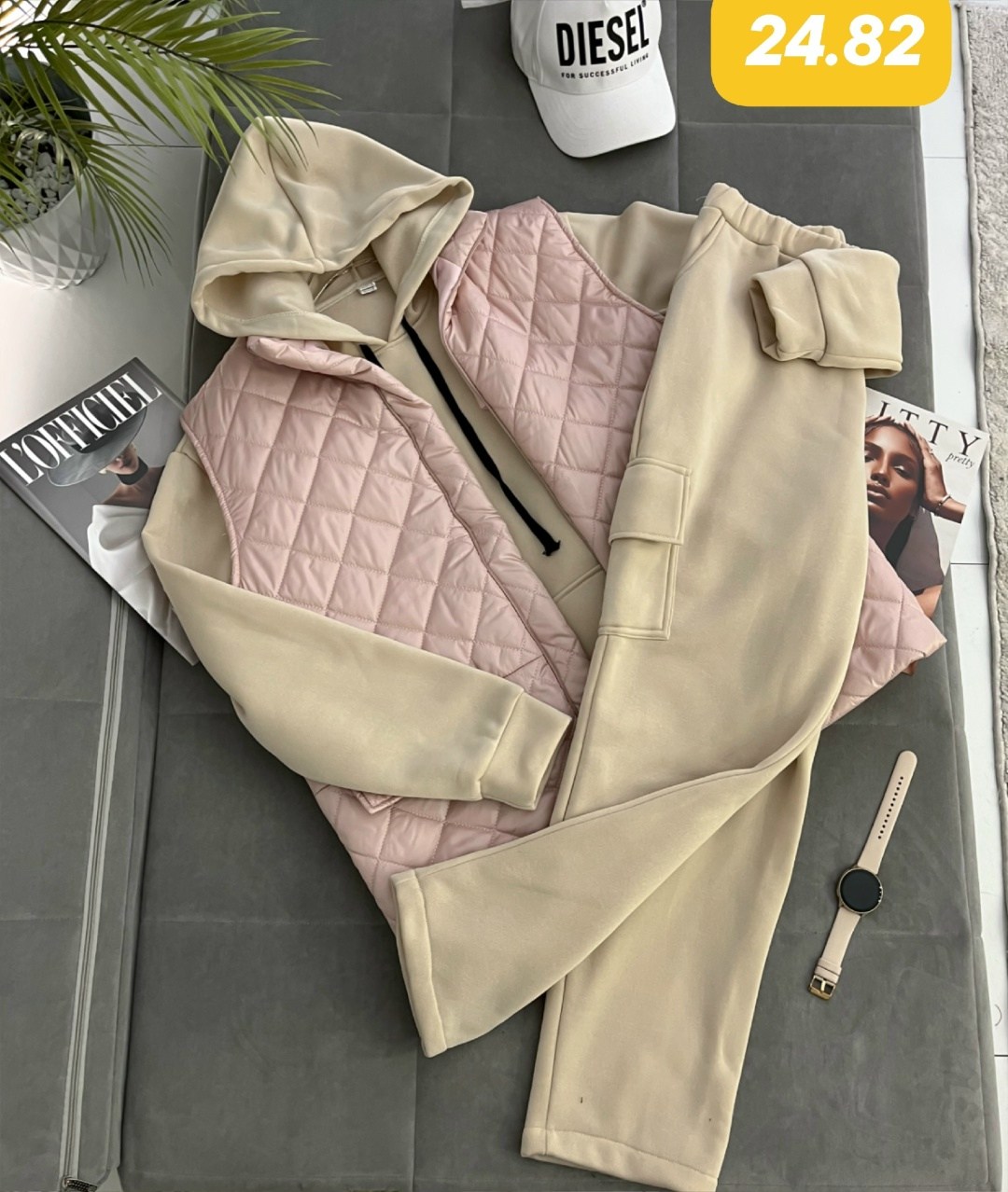 костюм спортивный тройка с длинным стеганым пальто cubi shop,костюм тройка с курткой,костюм женский на флисе,костюм женский тройка,костюм бежевый