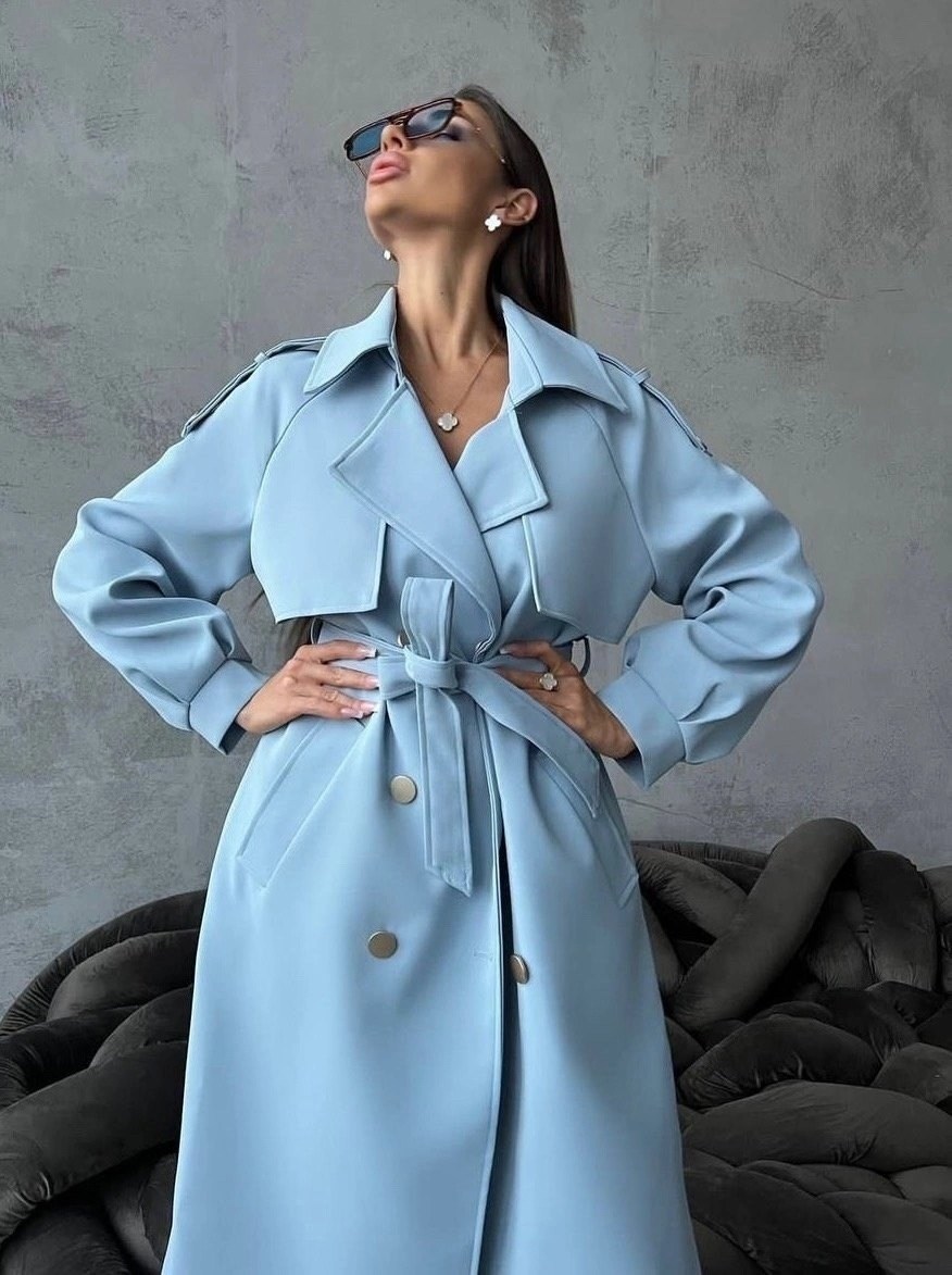 тренч женский,тренч плащ,плащ тренч женский,голубой тренч,плащ женский