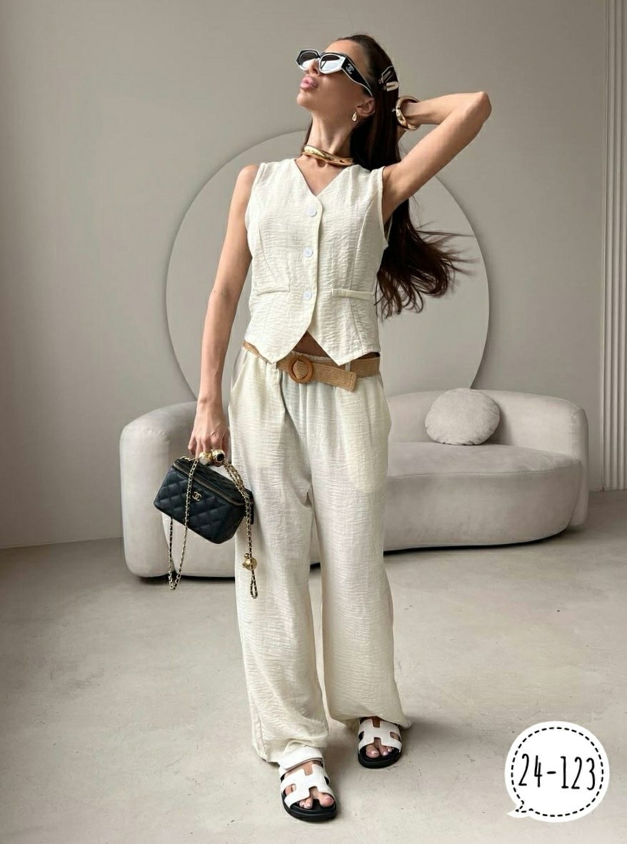 костюм летний льняной с жилетом и брюками trendyclo,стильные костюмы,льняной костюм женский с жилеткой и брюками,костюм женский,брючный льняной костюм