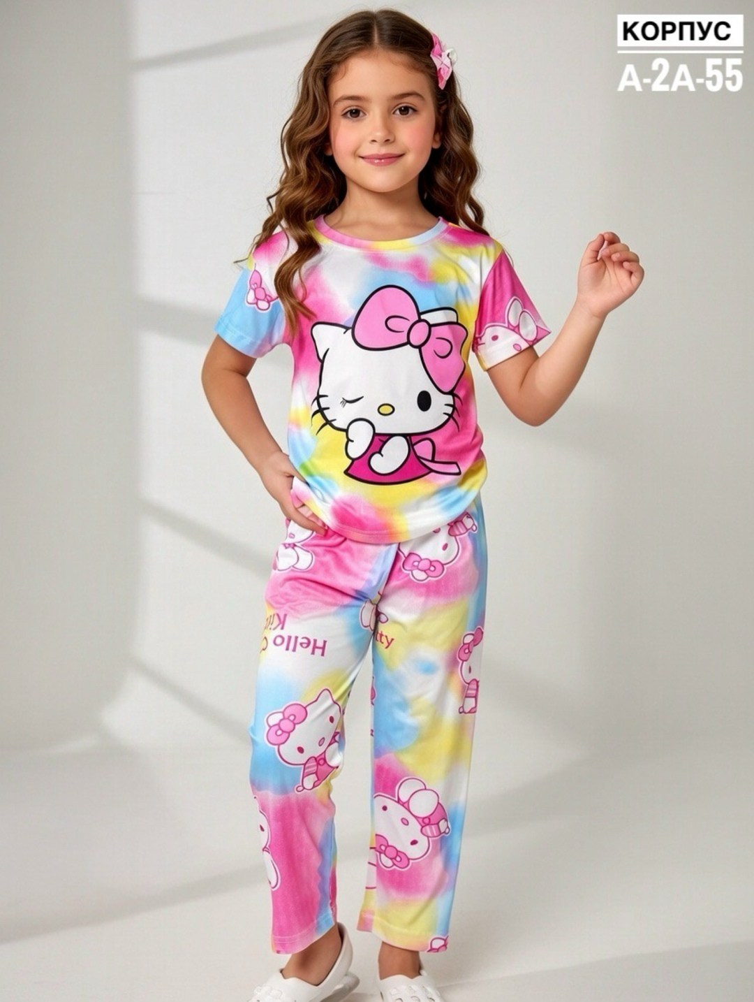 пижама для девочек,пижама детская,пижама для девочек со штанами,штаны пижамные детские с хелло китти,пижама