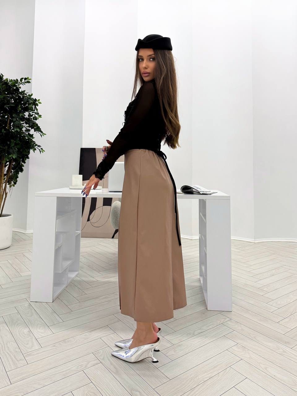 юбка миди кожаная,юбка кожаная миди с разрезом round&round,юбка из экокожи,юбка,юбка кожаная миди с разрезом