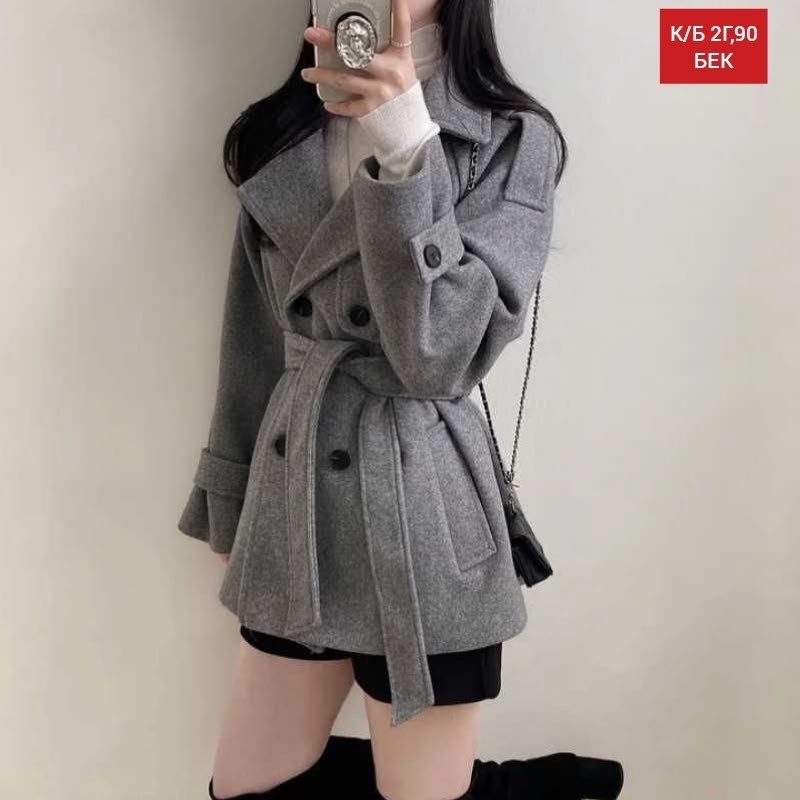 женское шерстяное пальто с поясом короткое плотное двубортное пальто с отложным воротником,стильное пальто,шерстяное пальто,модное пальто,женское шерстяное пальто