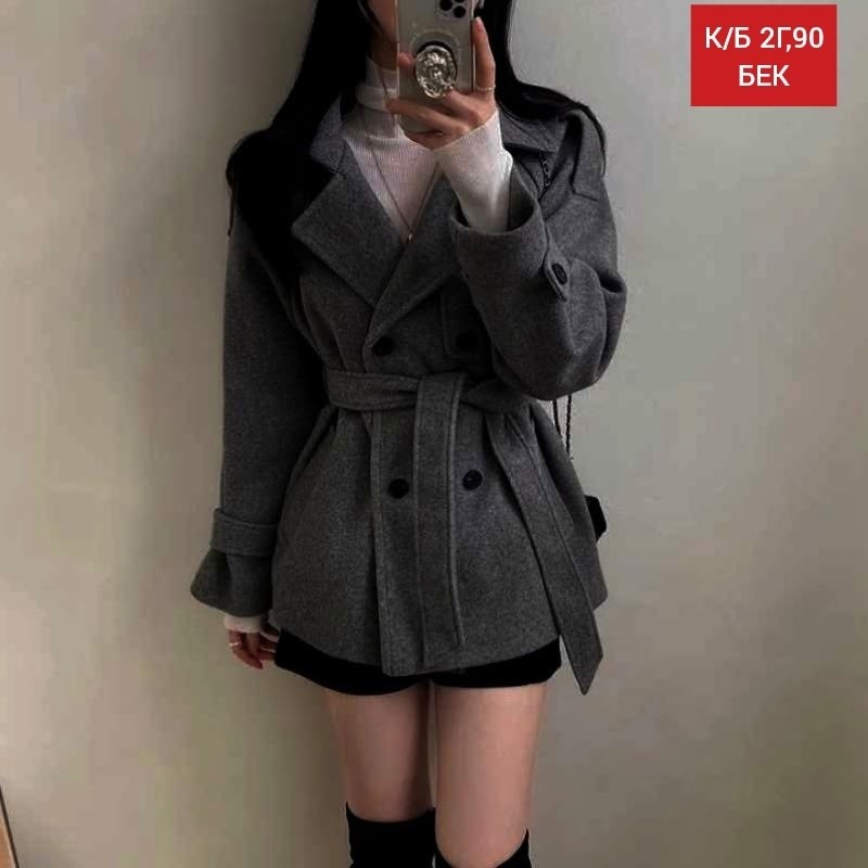 женское шерстяное пальто с поясом короткое плотное двубортное пальто с отложным воротником,стильное пальто,шерстяное пальто,модное пальто,женское шерстяное пальто