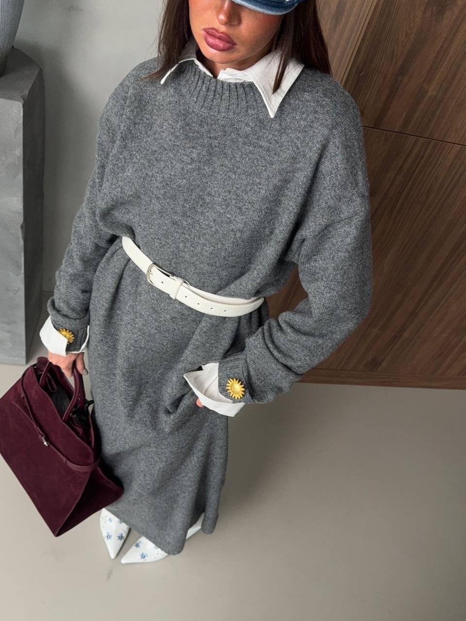 платье трикотажное с ремнем emberens 250483220,трикотажное платье,женское платье,модели платьев,темно-серое вязаное платье-свитер от fendi