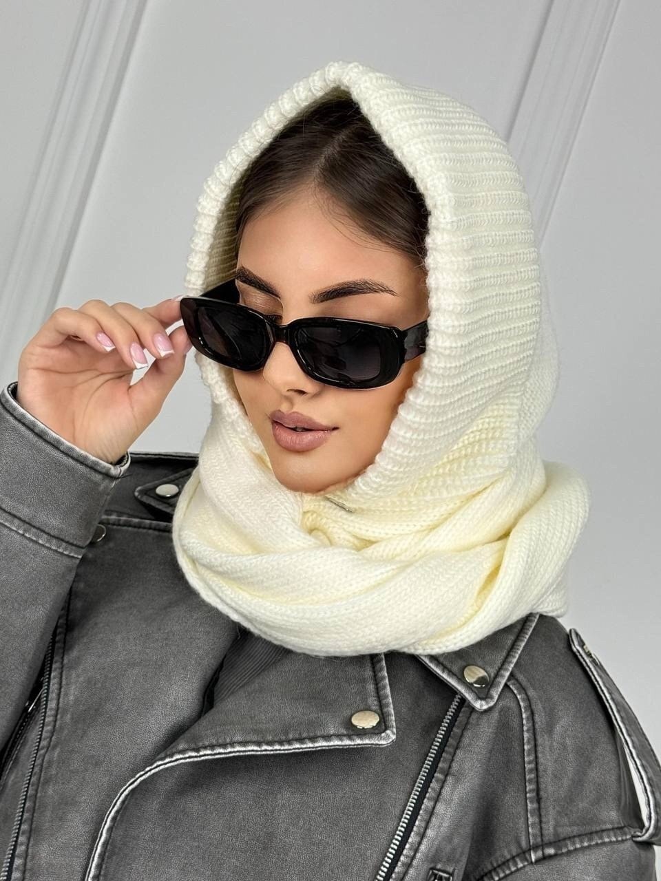 капор вязаный всесезонный,капор-капюшон-шарф женский,капор с шарфом-хомут uzuumm цвет черный,капор вязаный зимний,капор с шарфом-хомут