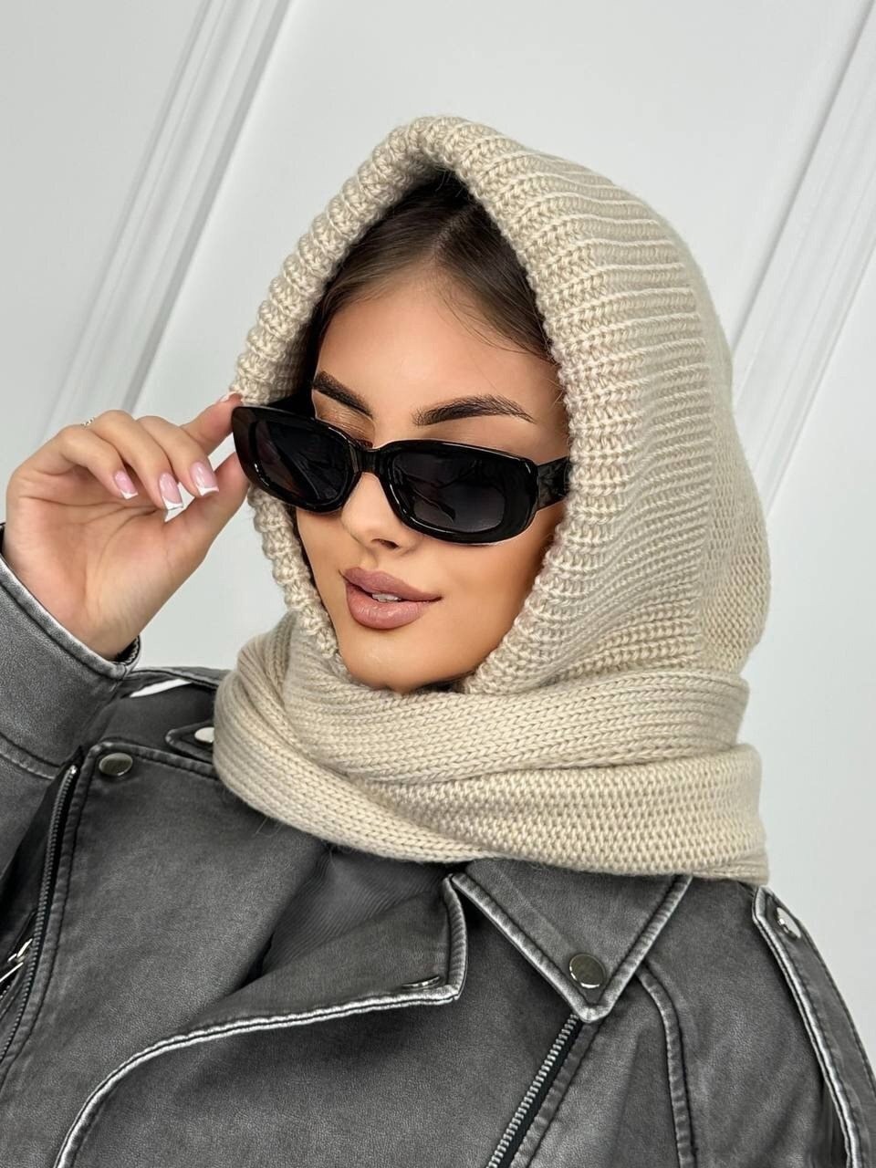 капор вязаный всесезонный,капор-капюшон-шарф женский,капор с шарфом-хомут uzuumm цвет черный,капор вязаный зимний,капор с шарфом-хомут