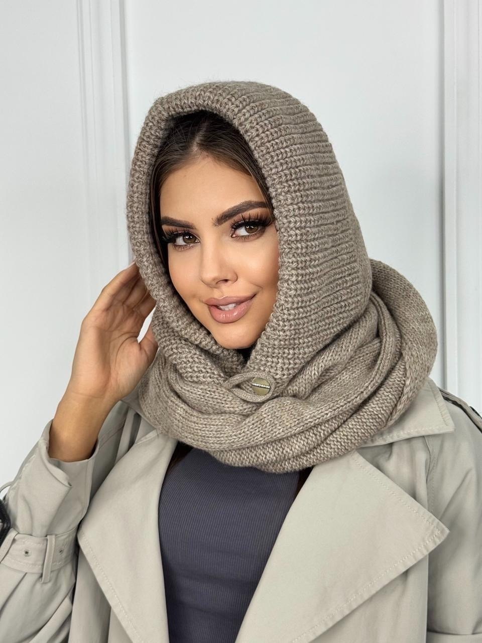 капор вязаный всесезонный,капор-капюшон-шарф женский,капор с шарфом-хомут uzuumm цвет черный,капор вязаный зимний,капор с шарфом-хомут