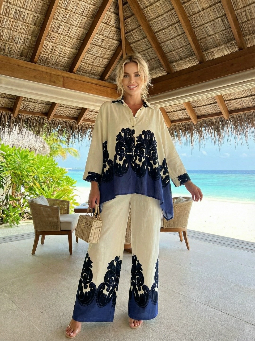 женский костюм-кимоно с принтом khimar и широкими брюками,мода бохо,костюм с принтом,одежда для женщин,костюм в стиле бохо