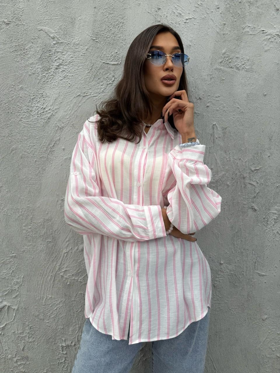 хлопковая рубашка в полоску оверсайз cosmo brand,рубашка женская,рубашка розовая,хлопковая рубашка в полоску оверсайз,рубашка в полоску