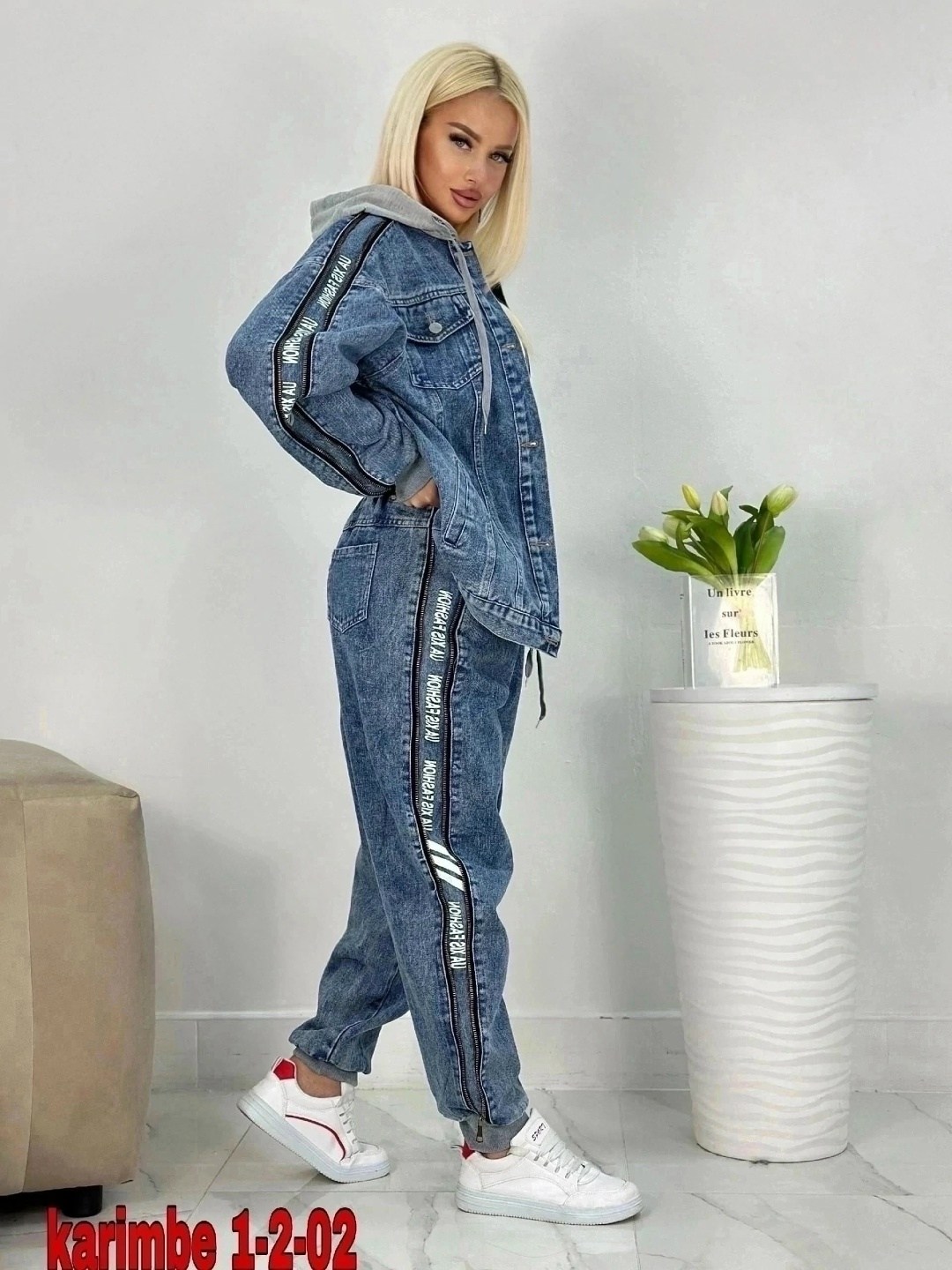 джинсовый костюм женский,женские костюмы из джинса,джинсовый костюм,женский джинсовый брючный костюм,двойка-костюм джинсовый karim benjama