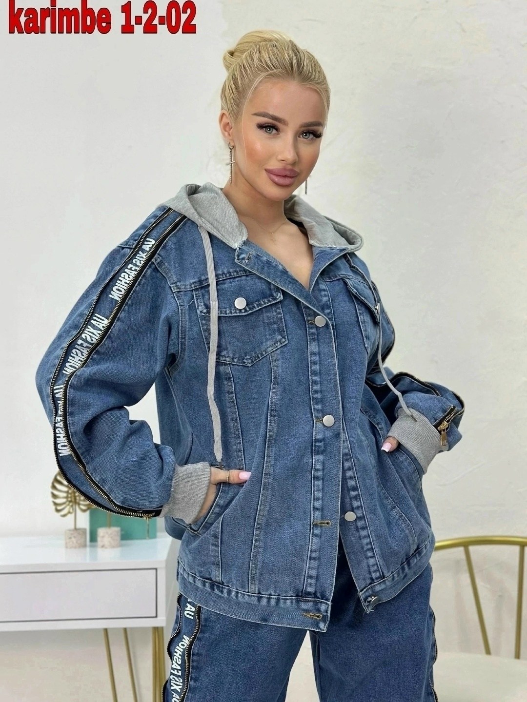 джинсовый костюм женский,женские костюмы из джинса,джинсовый костюм,женский джинсовый брючный костюм,двойка-костюм джинсовый karim benjama