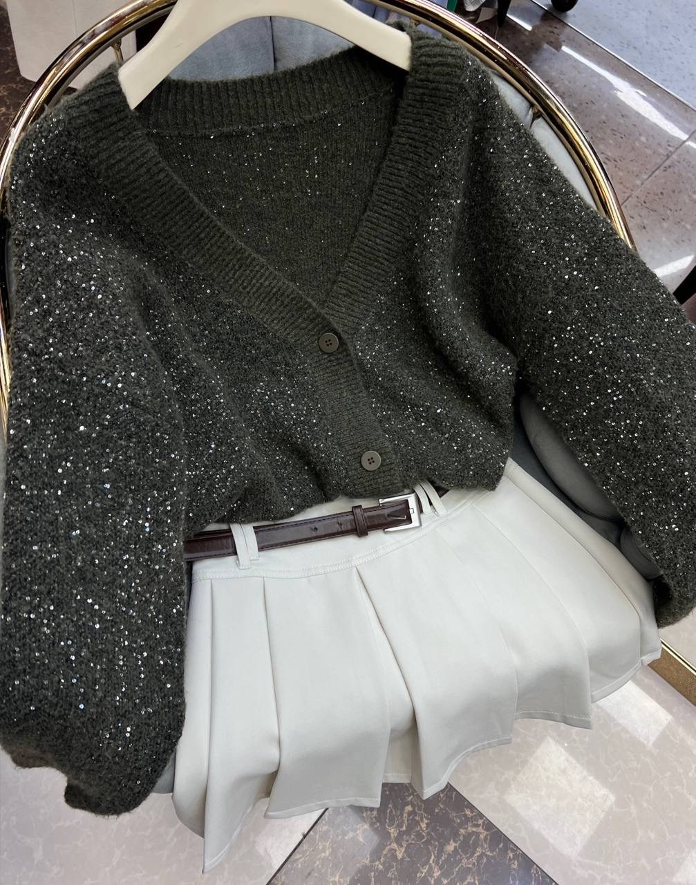 кардиган,кардиган вязаное,кардиган женский,кардиган белый,модный блестящий свободный вязаный кардиган с v-образным вырезом