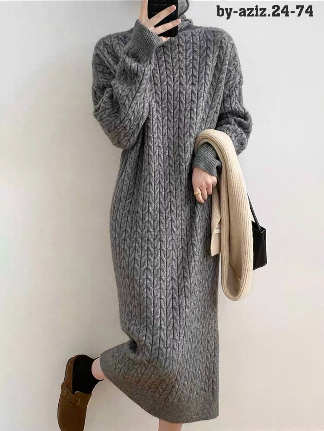 платье вязаное,женское платье вязаное,платье теплое вязаное,свободное вязаное теплое платье,длинное вязаное свободное утолщенное теплое платье-свитер выше колена с высоким воротником