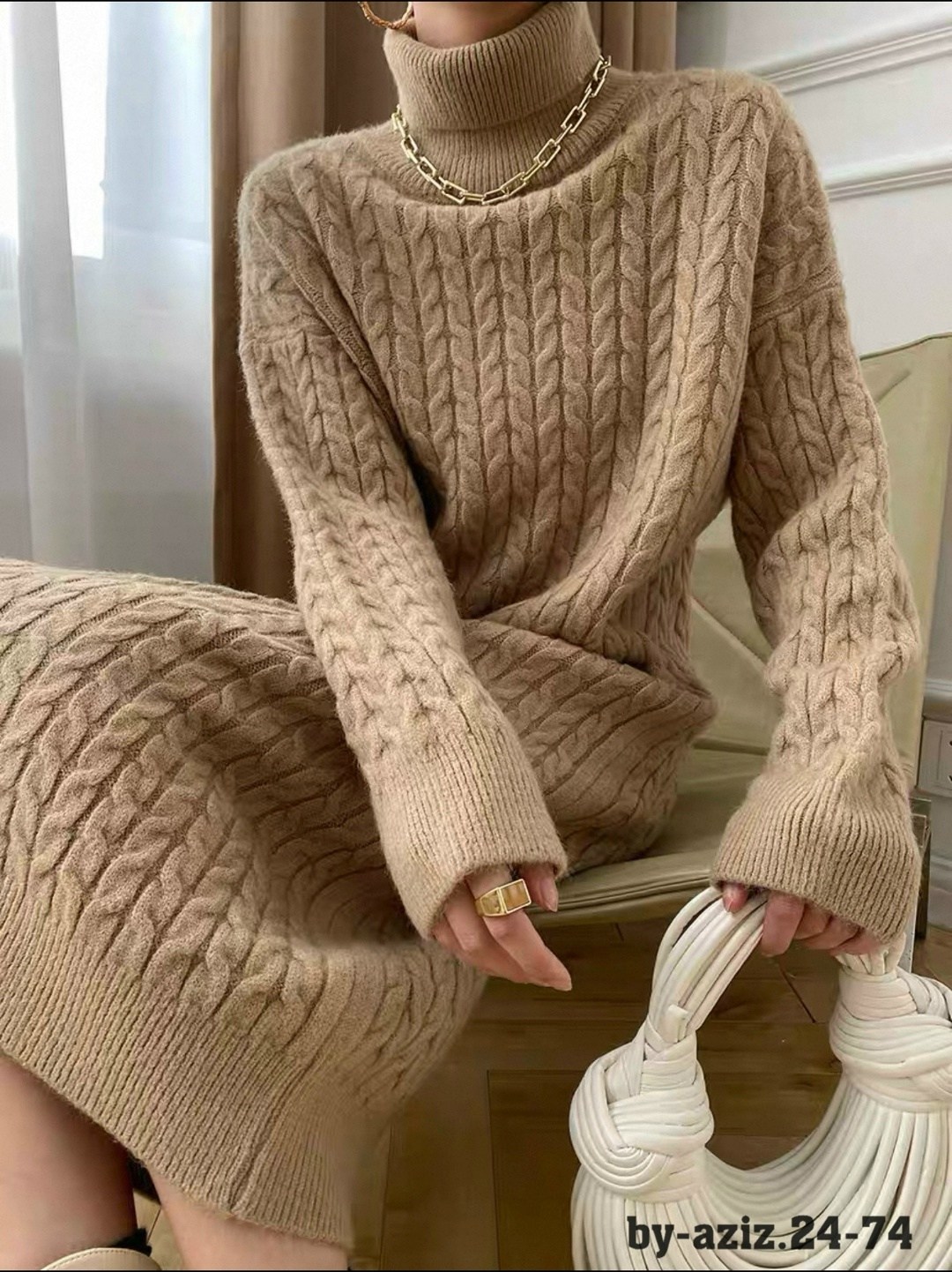 платье вязаное,женское платье вязаное,платье теплое вязаное,свободное вязаное теплое платье,длинное вязаное свободное утолщенное теплое платье-свитер выше колена с высоким воротником