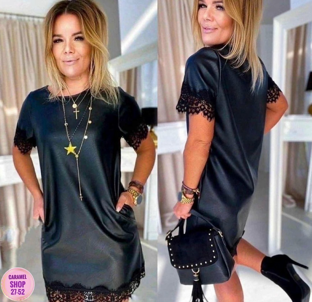 платье женское,платье женское выполнено под экокожу,платье из экокожи для полных женщин,платье черное,платье женское черное