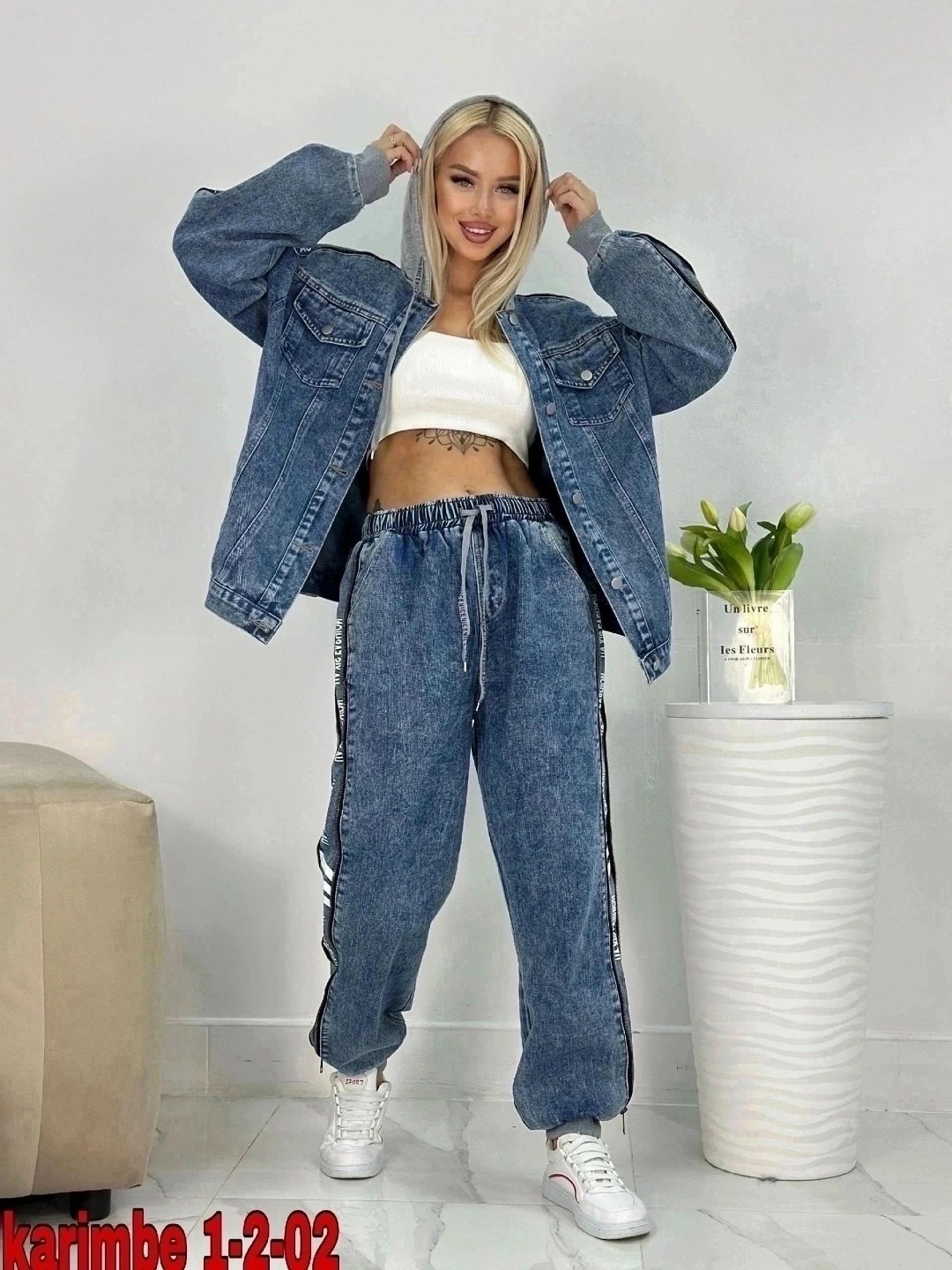 джинсовый костюм женский,женские костюмы из джинса,джинсовый костюм,женский джинсовый брючный костюм,двойка-костюм джинсовый karim benjama