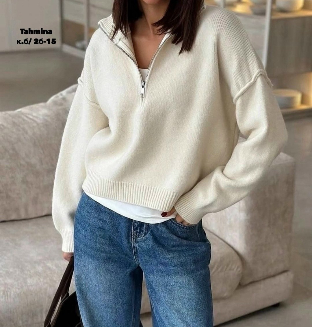 свитер укороченный оверсайз с горлом на молнии кк fashion,свитер оверсайз с горлом на молнии kk fashion,свитер matreshka_love пуловер с молнией, кофта с замком, размер 42-46, молочный,свитер оверсайз