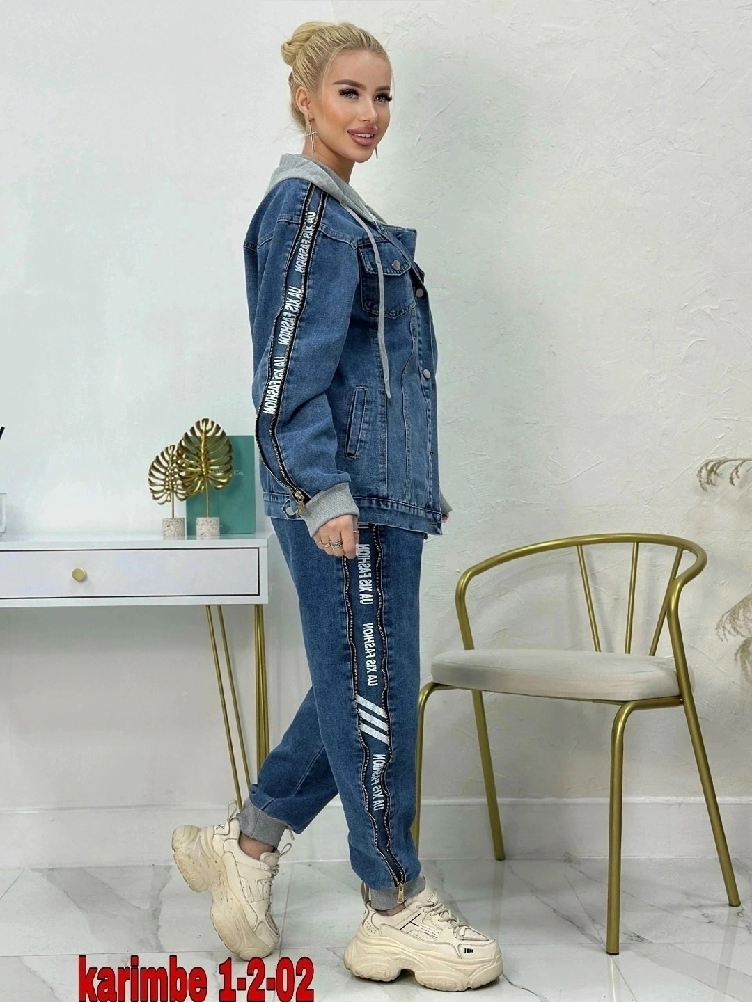 джинсовый костюм женский,женские костюмы из джинса,джинсовый костюм,женский джинсовый брючный костюм,двойка-костюм джинсовый karim benjama