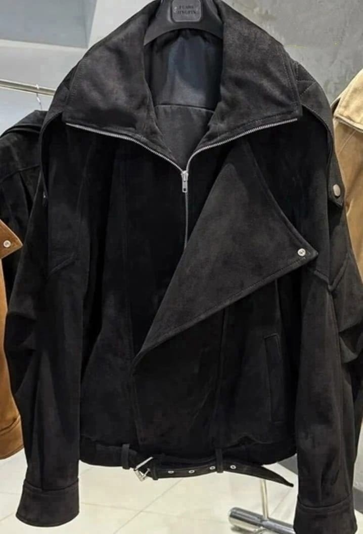 бомбер оверсайз из замши grey с двойным воротником и карманами,кожаная куртка,женская кожаная куртка,куртка бомбер,куртка косуха