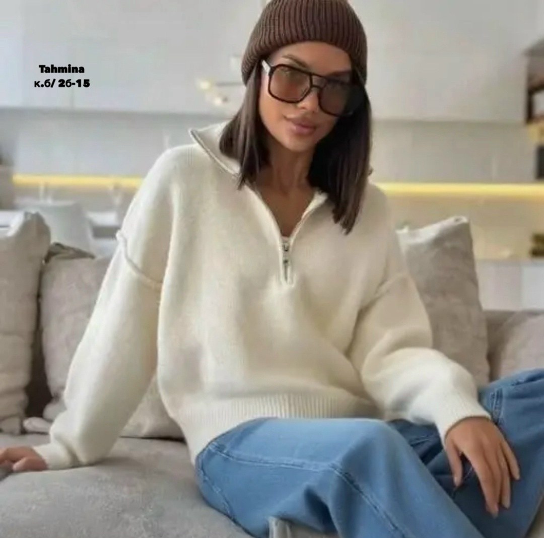 свитер укороченный оверсайз с горлом на молнии кк fashion,свитер оверсайз с горлом на молнии kk fashion,свитер matreshka_love пуловер с молнией, кофта с замком, размер 42-46, молочный,свитер оверсайз