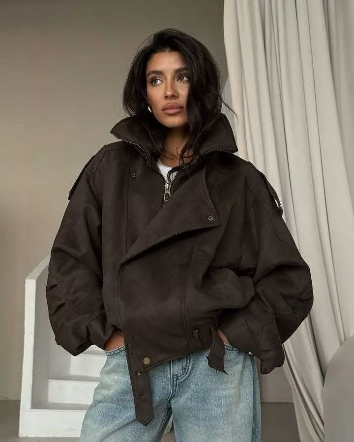 бомбер оверсайз из замши grey с двойным воротником и карманами,кожаная куртка,женская кожаная куртка,куртка бомбер,куртка косуха