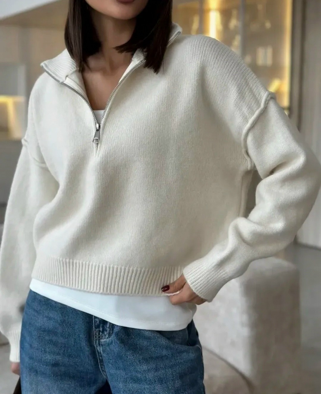 свитер укороченный оверсайз с горлом на молнии кк fashion,свитер оверсайз с горлом на молнии kk fashion,свитер matreshka_love пуловер с молнией, кофта с замком, размер 42-46, молочный,свитер оверсайз