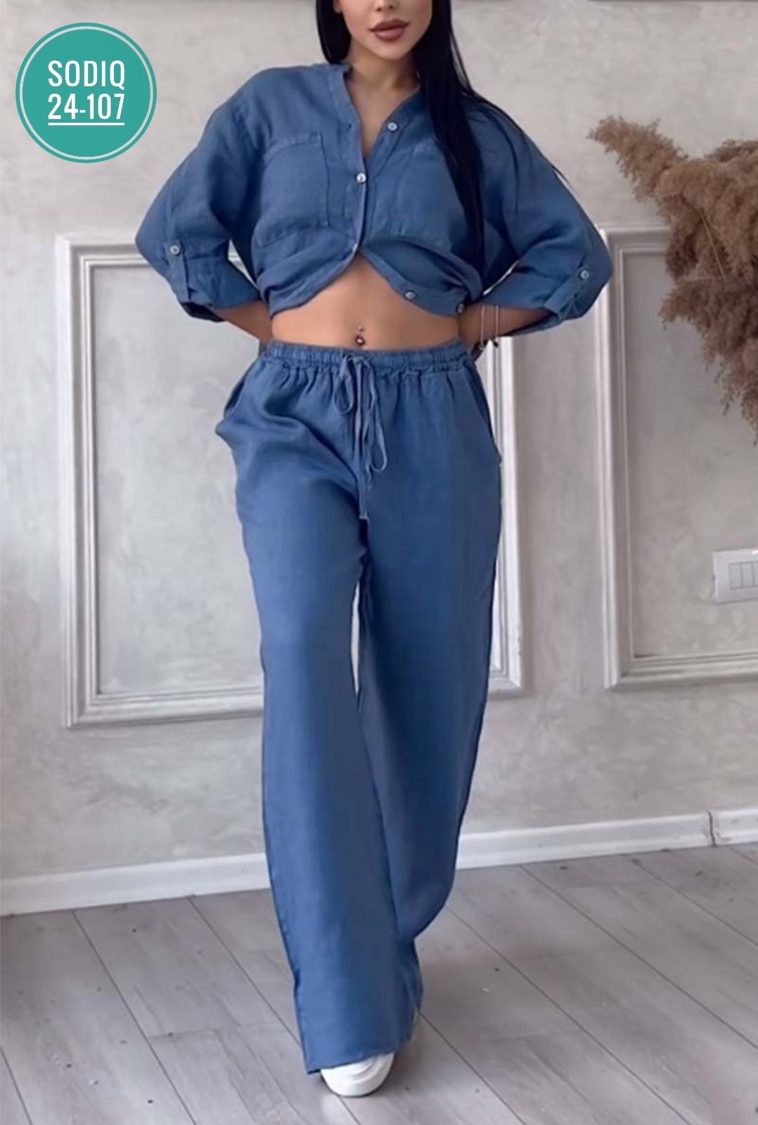 повседневный комплект из хлопка и льна однотонной рубашки и широких брюк на кулиске,женский комплект брюк с рубашкой,костюм брючный льняной,костюм с брюками,комплект одежды женский zara вечерний/празд