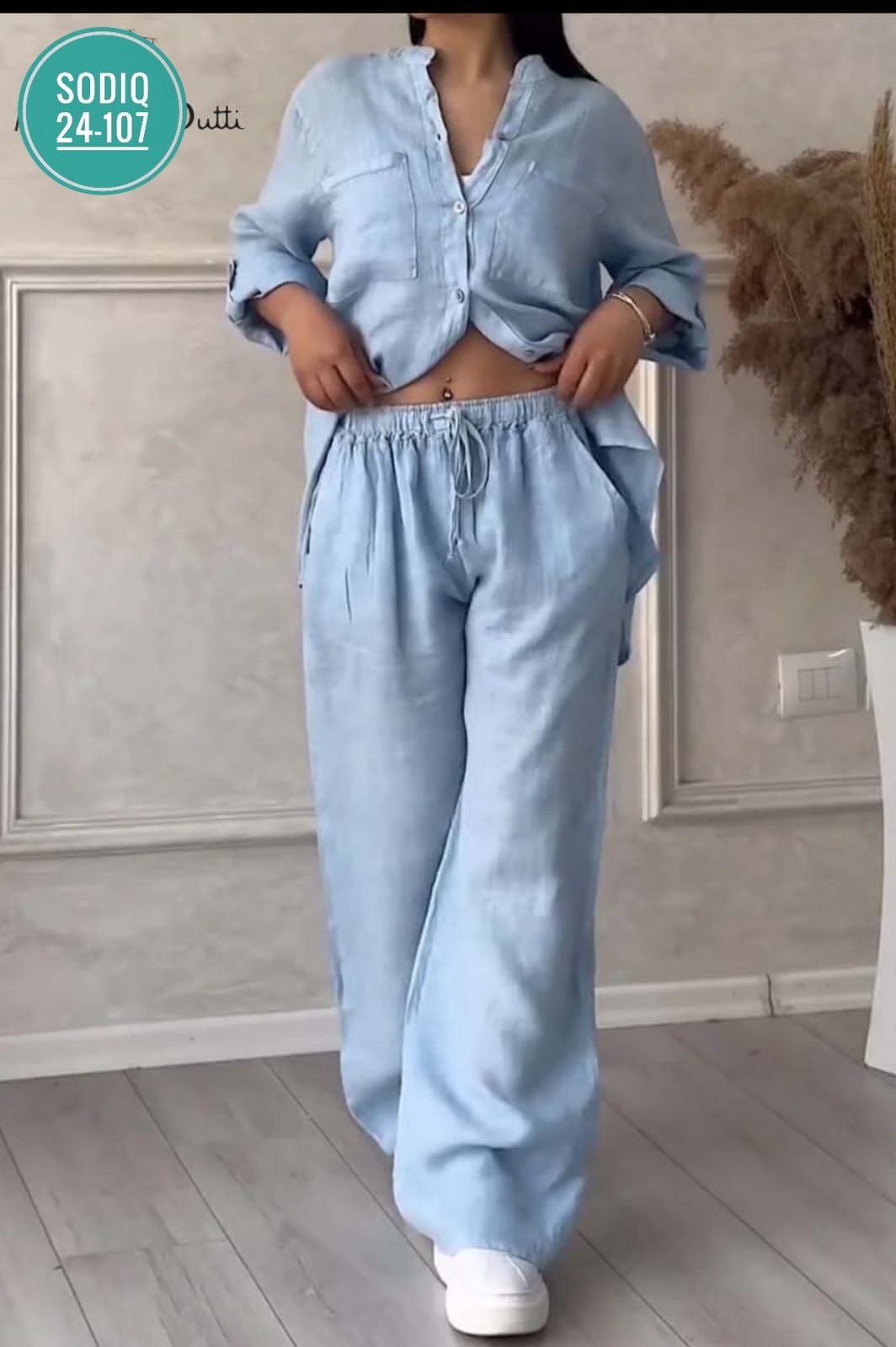 повседневный комплект из хлопка и льна однотонной рубашки и широких брюк на кулиске,женский комплект брюк с рубашкой,костюм брючный льняной,костюм с брюками,комплект одежды женский zara вечерний/празд